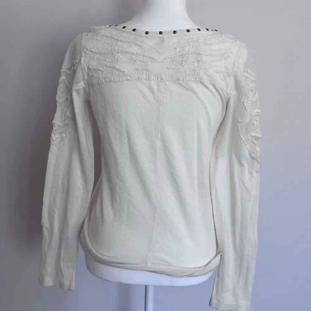 Free People Lace Cottagecore Studded Collar Cotton Slouchy Boho Longsleeve M